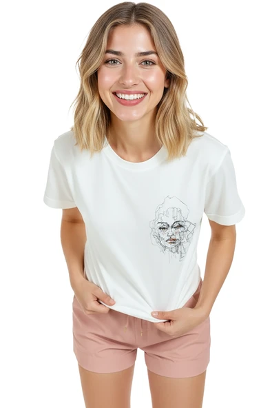 Kadın Beyaz Relaxed Fit %100 Pamuk Tişört – Tek Çizgi Yüz Minyatür Baskılı - Resim 3