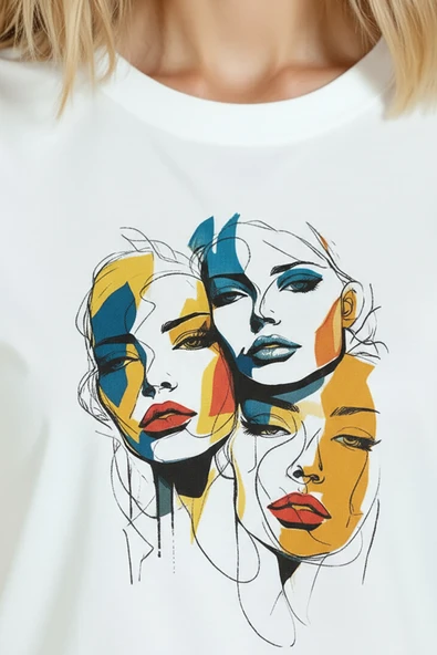 Kadın Beyaz Relaxed Fit %100 Pamuk Tişört – Soyut Çok Renkli Yüzler Baskılı - Resim 8