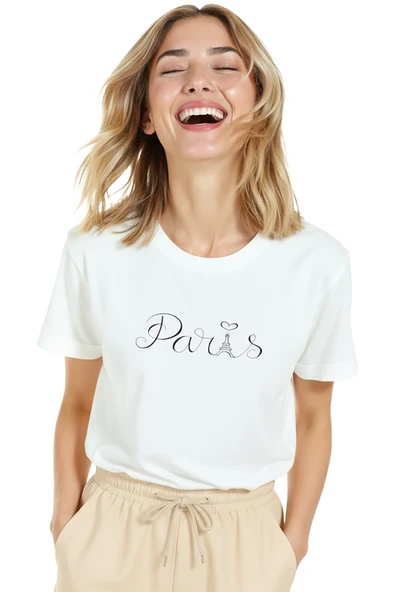 Kadın Beyaz Relaxed Fit %100 Pamuk Tişört – El Yazısı “Paris” & Eyfel İllüstrasyonlu - Resim 5