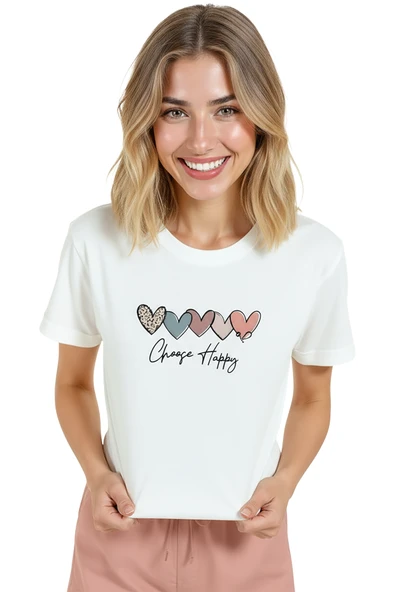 Kadın Beyaz Relaxed Fit %100 Pamuk Tişört – Kalp Sıralı & ''Choose Happy'' Baskılı - Resim 4