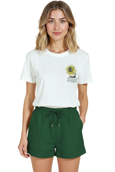 Kadın Beyaz Relaxed Fit %100 Pamuk Tişört – Ayçiçeği Gramofon Minyatür Baskılı ürün görseli 1