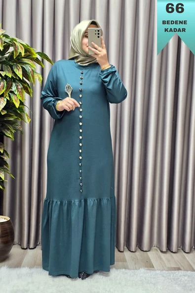 Kadın Giyim Büyük Beden Kristal Düğmeli Elbise - Resim 9