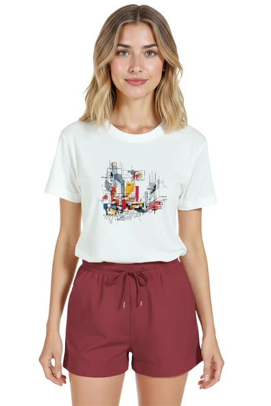 Kadın Beyaz Relaxed Fit %100 Pamuk Tişört – Soyut Şehir Manzarası & Mimari Eskiz Baskılı ürün görseli 1