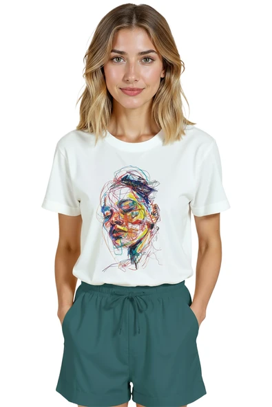 Kadın Beyaz Relaxed Fit %100 Pamuk Tişört – Renkli Çizgisel Karalama Yüz Baskılı - Resim 6