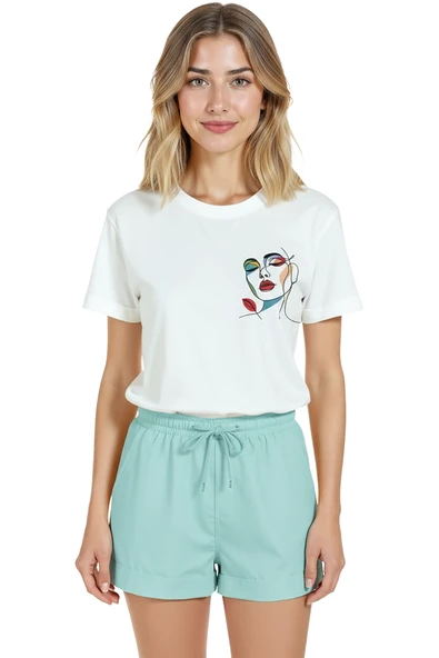 Kadın Beyaz Relaxed Fit %100 Pamuk Tişört – Tek Çizgi Renkli Yüz Minyatür Baskılı ürün görseli 1