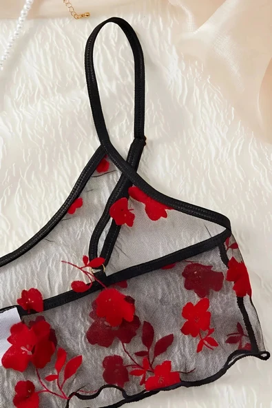 Çiçek Desenli Siyah Transparan Şortlu Gecelik Tm1377 - Resim 2