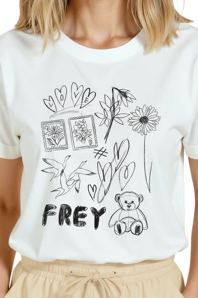 Kadın Beyaz Relaxed Fit %100 Pamuk Tişört – Doodle Kolaj Teddy & Çiçek Baskılı - Resim 8