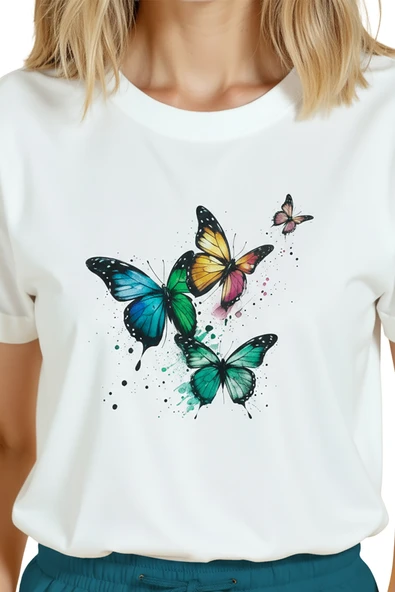 Kadın Beyaz Relaxed Fit %100 Pamuk Tişört – Renkli Kelebek Suluboya Baskılı - Resim 8