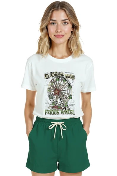 Kadın Beyaz Relaxed Fit %100 Pamuk Tişört – Suluboya Dönme Dolap Baskılı - Resim 7