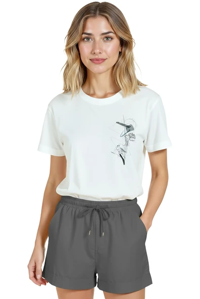 Kadın Beyaz Relaxed Fit %100 Pamuk Tişört – İnce Mürekkep & Minimal Soyut Grafik Baskılı - Resim 7