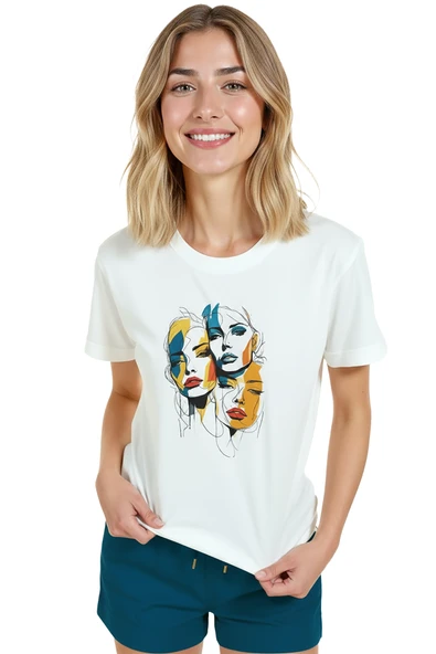 Kadın Beyaz Relaxed Fit %100 Pamuk Tişört – Soyut Çok Renkli Yüzler Baskılı - Resim 6