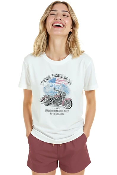 Kadın Beyaz Relaxed Fit %100 Pamuk Tişört – Sturgis Vintage Motosiklet Baskılı - Resim 5