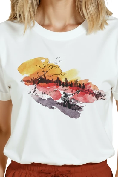 Kadın Beyaz Relaxed Fit %100 Pamuk Tişört – Gün Batımı Göl Manzarası Baskılı - Resim 7