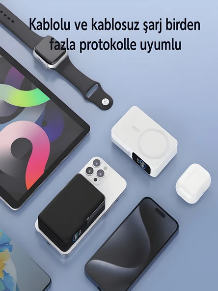 10000mAh 30W Hızlı Şarjlı Dijital Göstergeli Taşınabilir Kablosuz Magsafe Powerbank Beyaz - Resim 2