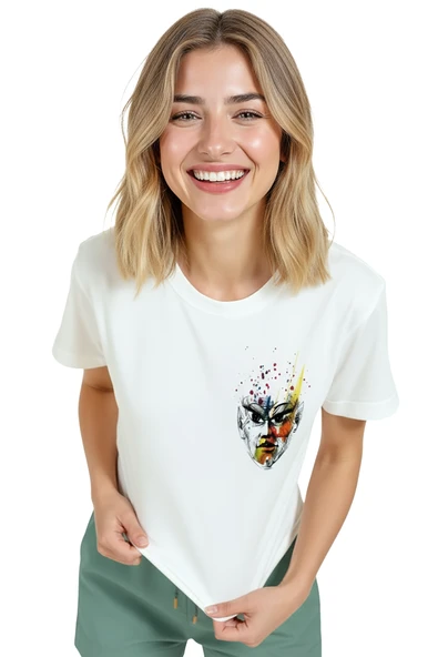 Kadın Beyaz Relaxed Fit %100 Pamuk Tişört – Suluboya Soyut Yüz Baskılı - Resim 3