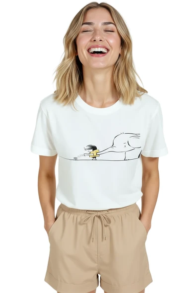 Kadın Beyaz Relaxed Fit %100 Pamuk Tişört – Çocuk & Fil Sulama İllüstrasyonlu - Resim 5