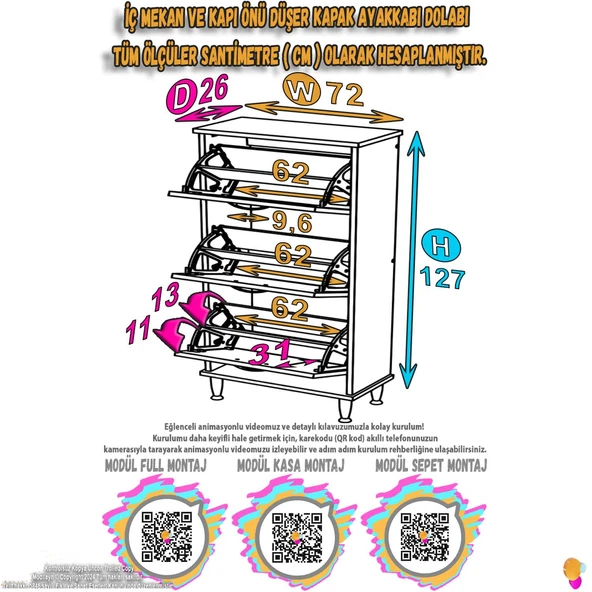 Modilayn VARBİ Antre Hol 72 x127 x26 cm lik 3 Düşer Kapak 6 Göz Bölmeli Ayakkabılık - Resim 2