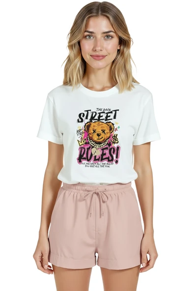 Kadın Beyaz Relaxed Fit %100 Pamuk Tişört – Street Teddy Graffiti Baskılı - Resim 5