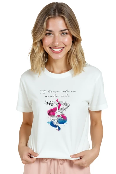 Kadın Beyaz Relaxed Fit %100 Pamuk Tişört – Suluboya Dansçı & Müzik İllüstrasyonlu - Resim 6