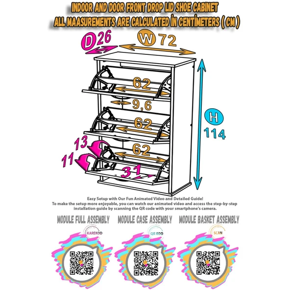 Modilayn VARBİ Asma Antre 72x115x26 cm’lik 3 Düşer Kapak 6 Göz Bölmeli Ayakkabılık - Resim 6