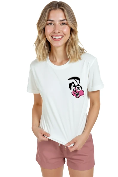 Kadın Beyaz Relaxed Fit %100 Pamuk Tişört – Graffiti Tavşan Minyatür Baskılı - Resim 3