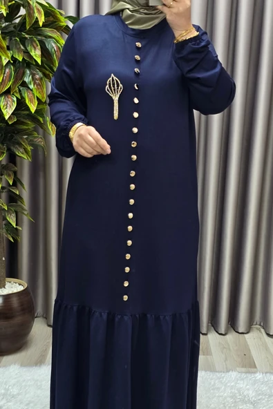 Kadın Giyim Büyük Beden Kristal Düğmeli Elbise - Resim 8