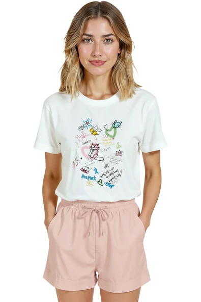 Kadın Beyaz Relaxed Fit %100 Pamuk Tişört – Doodle Pet Park & Kedi Karalama Baskılı - Resim 7