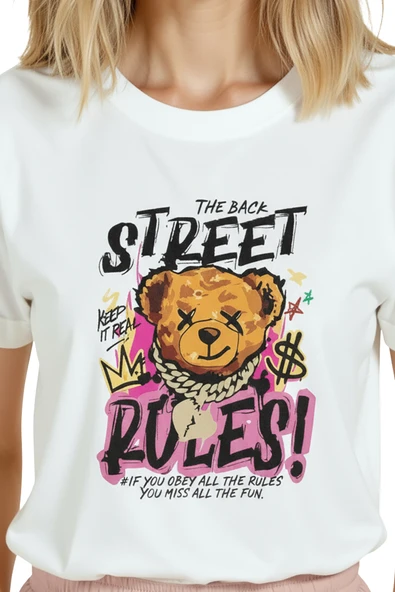 Kadın Beyaz Relaxed Fit %100 Pamuk Tişört – Street Teddy Graffiti Baskılı - Resim 8