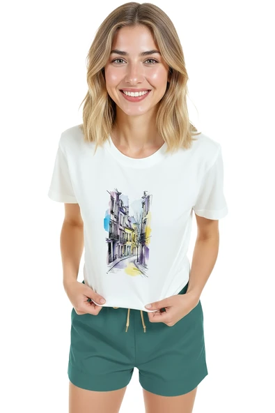 Kadın Beyaz Relaxed Fit %100 Pamuk Tişört – Suluboya Sokak & İnce Mürekkep Mimari Baskılı - Resim 3