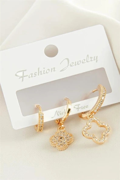 3 Adet Çiçek Zirkon Taşlı Küpe