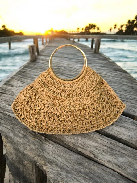 KADIN HASIR EL ÇANTASI METAL ASKILI BÜYÜK BOY İÇ ASTARLI CEPLİ ÇANTA - MODEL 202506 - 2