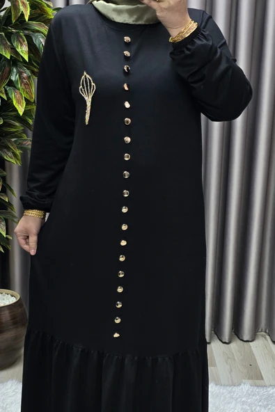 Kadın Giyim Büyük Beden Kristal Düğmeli Elbise - Resim 2