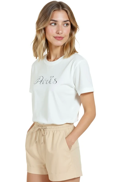 Kadın Beyaz Relaxed Fit %100 Pamuk Tişört – El Yazısı “Paris” & Eyfel İllüstrasyonlu - Resim 4