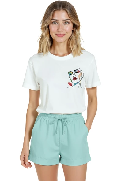 Kadın Beyaz Relaxed Fit %100 Pamuk Tişört – Tek Çizgi Renkli Yüz Minyatür Baskılı - Resim 7