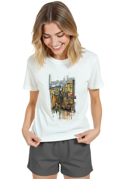 Kadın Beyaz Relaxed Fit %100 Pamuk Tişört – Yağmurlu Şehir Sokağı Suluboya Baskılı - Resim 3