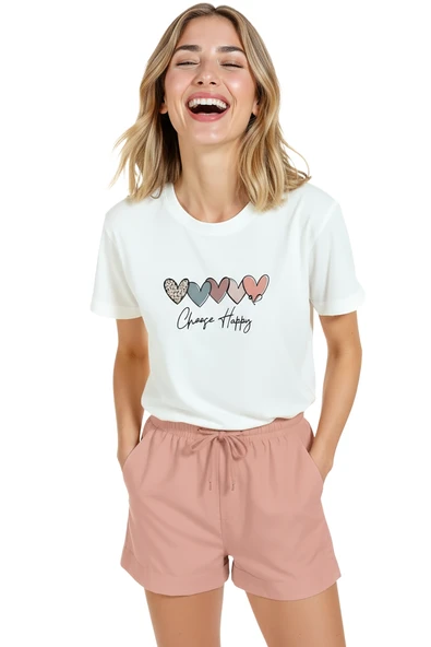 Kadın Beyaz Relaxed Fit %100 Pamuk Tişört – Kalp Sıralı & ''Choose Happy'' Baskılı - Resim 5