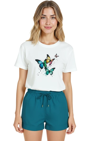 Kadın Beyaz Relaxed Fit %100 Pamuk Tişört – Renkli Kelebek Suluboya Baskılı - Resim 7
