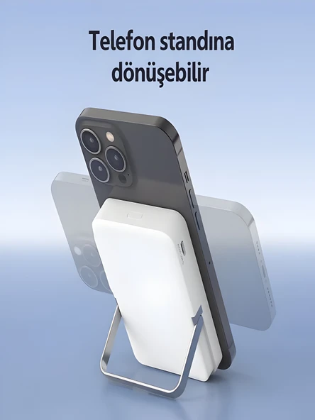 10000mAh 30W Hızlı Şarjlı Dijital Göstergeli Taşınabilir Kablosuz Magsafe Powerbank Beyaz - Resim 3