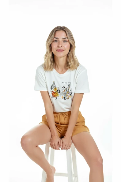 Kadın Beyaz Relaxed Fit %100 Pamuk Tişört – Caz Grubu Baskılı - Resim 5