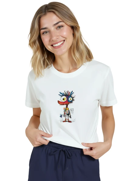 Kadın Beyaz Relaxed Fit %100 Pamuk Tişört – Renkli Soyut Karakter & Çizgisel Baskılı - Resim 3