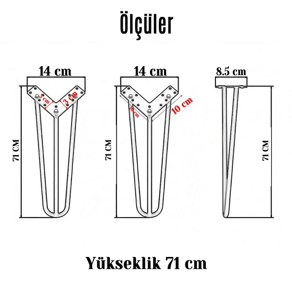 Masa ve Sehpa Ayağı Tekli Dayanıklı Mobilya Yükseltici Destek Modeli 71 cm Gold Altın Metal 4'lü Set - Resim 3