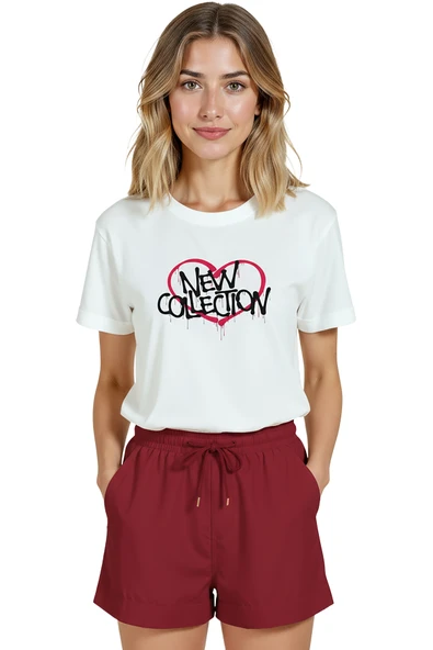 Kadın Beyaz Relaxed Fit %100 Pamuk Tişört – Grafiti Kalp & “NEW COLLECTION” Baskılı ürün görseli 1