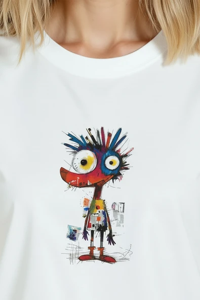 Kadın Beyaz Relaxed Fit %100 Pamuk Tişört – Renkli Soyut Karakter & Çizgisel Baskılı - Resim 7