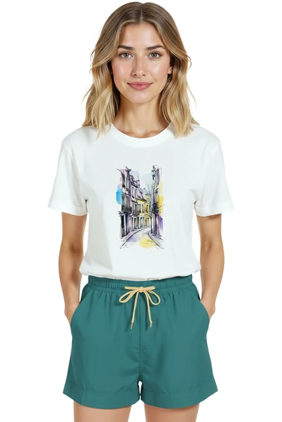 Kadın Beyaz Relaxed Fit %100 Pamuk Tişört – Suluboya Sokak & İnce Mürekkep Mimari Baskılı - Resim 7