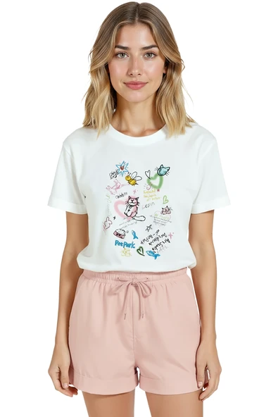 Kadın Beyaz Relaxed Fit %100 Pamuk Tişört – Doodle Pet Park & Kedi Karalama Baskılı ürün görseli 1