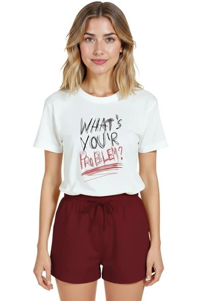 Kadın Beyaz Relaxed Fit %100 Pamuk Tişört – Tipografi ''What's Your Problem?'' Baskılı ürün görseli 1