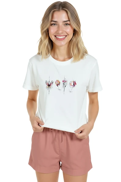 Kadın Beyaz Relaxed Fit %100 Pamuk Tişört – Suluboya Kelebek & Çiçek Sıralı Baskılı - Resim 3