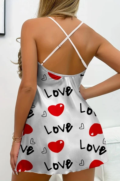 Love Desenli Beyaz Saten Gecelik - Resim 5