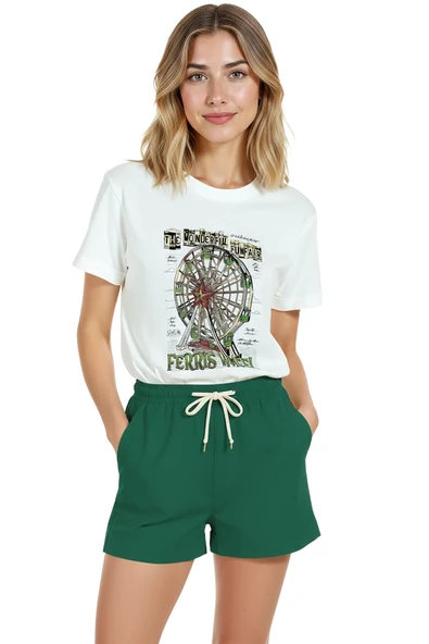 Kadın Beyaz Relaxed Fit %100 Pamuk Tişört – Suluboya Dönme Dolap Baskılı - Resim 6