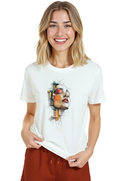 Kadın Beyaz Relaxed Fit %100 Pamuk Tişört – Soyut Çizgisel Portre & Renkli Geometri Baskılı - Resim 3